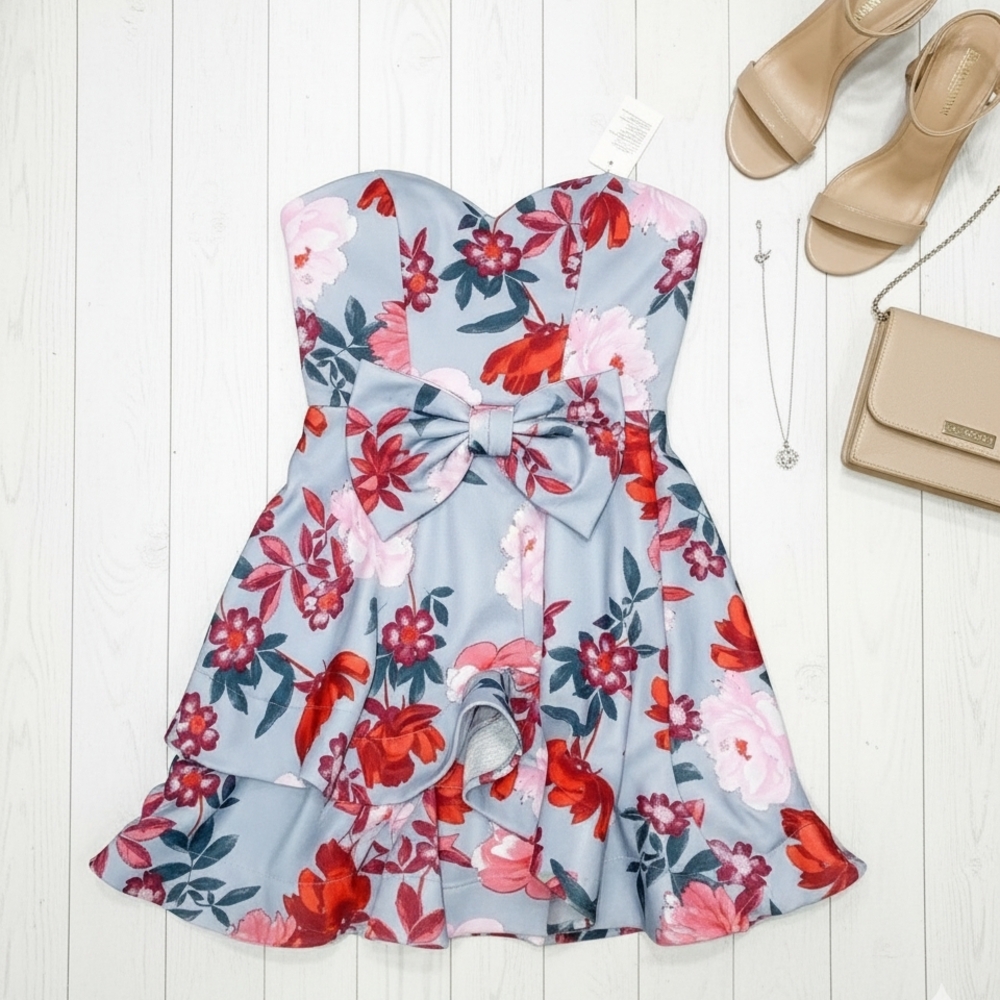 Forever 21 Strapless Floral Dress - Light Blue and‎ Red